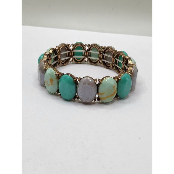 Vintage faceted oval glass stretch bracelet turquoise, gray marbled beads - Picture 2 of 6